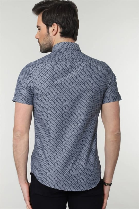 Slim Fit Kısa Kollu Desenli Erkek Mavi Gömlek
