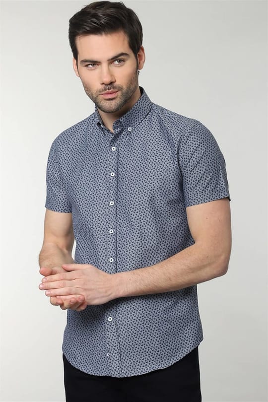Slim Fit Kısa Kollu Desenli Erkek Mavi Gömlek