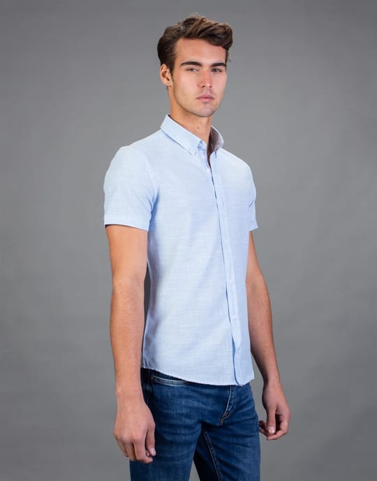 Slim Fit Kısa Kollu Spor Erkek Mavi Gömlek