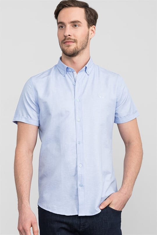 Slim Fit Kısa Kollu Poplin Oxford Erkek Mavi Gömlek