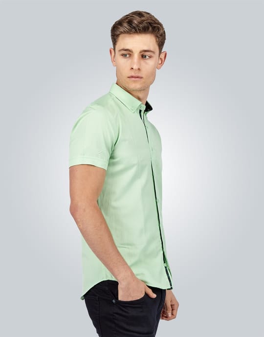 Erkek Slim Fit Dar Kesim Kısa Kollu Pamuklu Oxford Doku Kolay Ütülenebilir Yeşil Düğmeli Yaka Gömlek