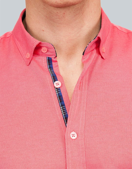 Erkek Slim Fit Dar Kesim Kısa Kollu Pamuklu Oxford Doku Kolay Ütülenebilir Pembe Düğmeli Yaka Gömlek