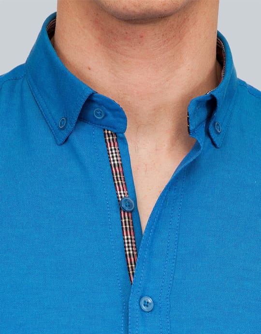 Erkek Slim Fit Dar Kesim Kısa Kollu Pamuklu Oxford Doku Turkuaz Düğmeli Yaka Gömlek