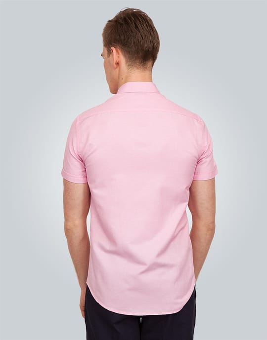 Erkek Slim Fit Dar Kesim Kısa Kollu Pamuklu Oxford Doku Kolay Ütülenebilir Pembe Düğmeli Yaka Gömlek