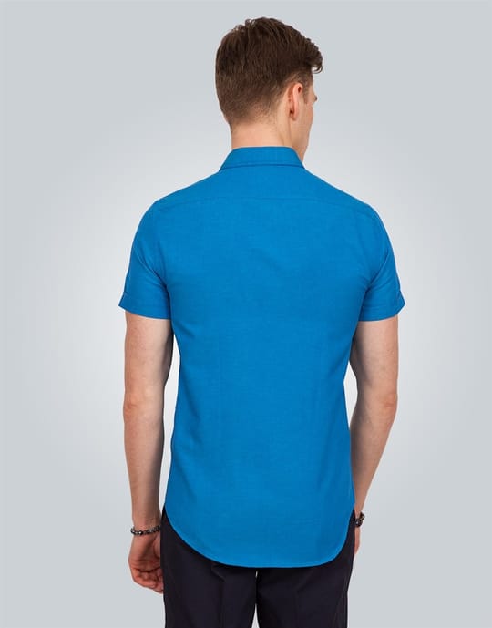 Erkek Slim Fit Dar Kesim Kısa Kollu Pamuklu Oxford Doku Turkuaz Düğmeli Yaka Gömlek