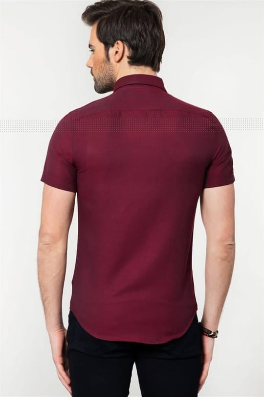 Erkek Slim Fit Dar Kesim Kısa Kollu Pamuklu Oxford Doku Kolay Ütülenebilir Bordo Düğmeli Yaka Gömlek