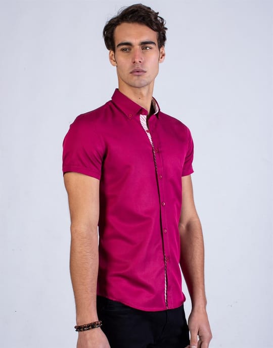 Slim Fit Kısa Kollu Spor Erkek Fuşya Pembe Gömlek