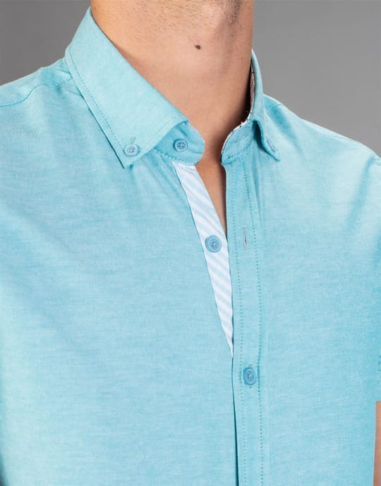 Slim Fit Kısa Kollu Spor Erkek Yeşil Turkuaz Gömlek