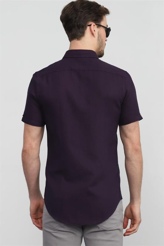 Slim Fit Kısa Kollu Armürlü Spor Erkek Mor Bordo Gömlek