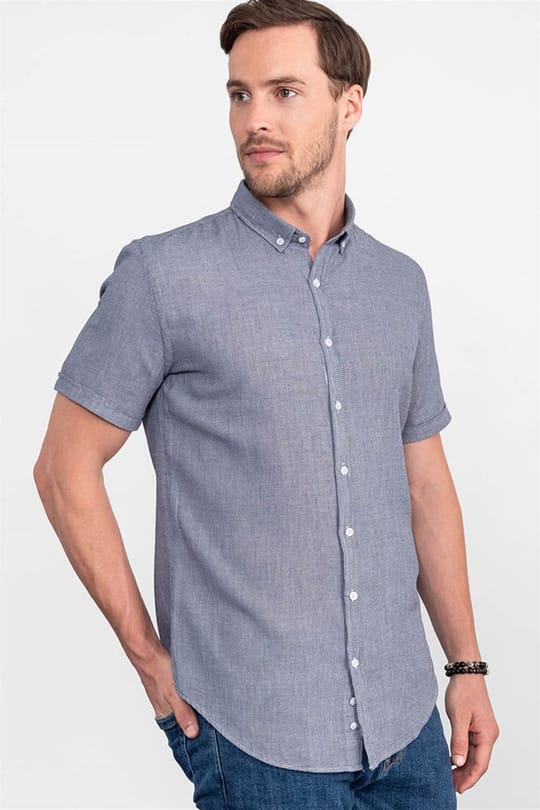 Slim Fit Kısa Kollu Armürlü Spor Erkek Lacivert Gömlek