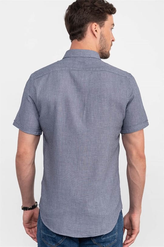 Slim Fit Kısa Kollu Armürlü Spor Erkek Lacivert Gömlek