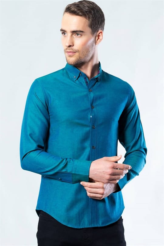 Erkek Slim Fit Dar Kesim Uzun Kollu Pamuklu Oxford Doku Kolay Ütülenebilir Yeşil Düğmeli Yaka Gömlek