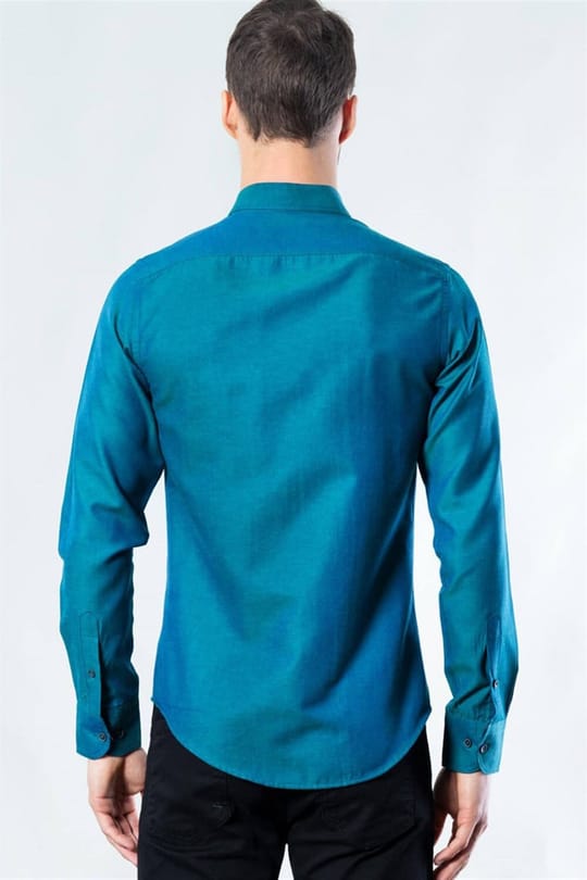 Erkek Slim Fit Dar Kesim Uzun Kollu Pamuklu Oxford Doku Kolay Ütülenebilir Yeşil Düğmeli Yaka Gömlek