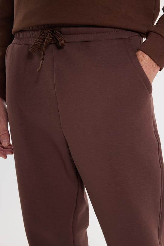 Unisex Relax Fit Rahat Kesim Şardonlu 3 Cepli Lastikli Jogger Paça Kahverengi Eşofman Altı