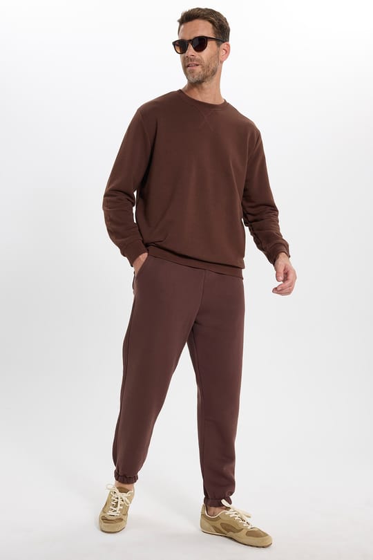Unisex Relax Fit Rahat Kesim Şardonlu 3 Cepli Lastikli Jogger Paça Kahverengi Eşofman Altı
