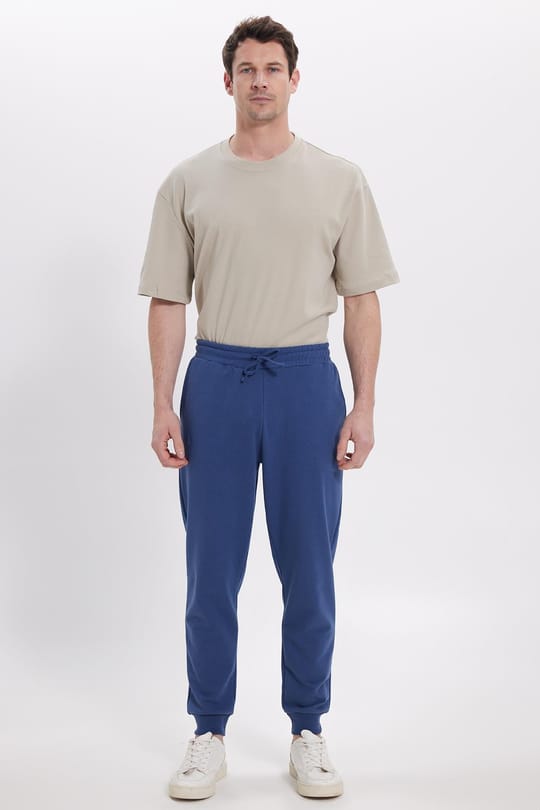 Erkek Regular Fit Klasik Kesim Beli Bağcıklı Jogger Cepli Lastikli Paça İndigo Eşofman Altı