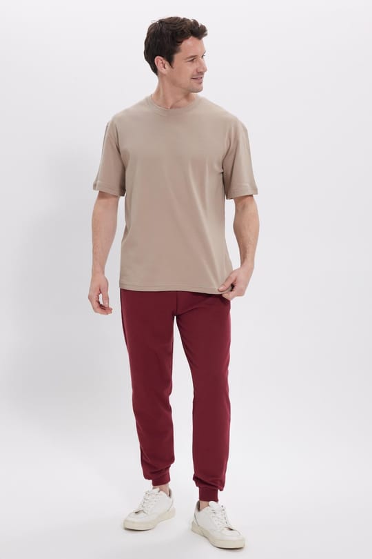 Erkek Regular Fit Klasik Kesim Beli Bağcıklı Jogger Cepli Lastikli Paça Bordo Eşofman Altı