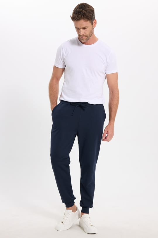 Erkek Regular Fit Klasik Kesim Beli Bağcıklı Jogger Cepli Lastikli Paça Lacivert Eşofman Altı