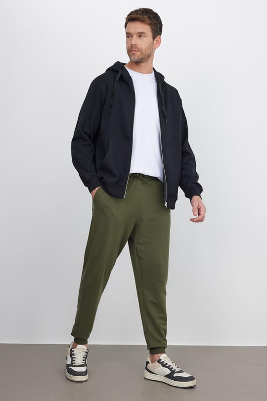 Erkek Regular Fit Klasik Kesim Beli Bağcıklı Jogger Cepli Lastikli Paça Haki Eşofman Altı