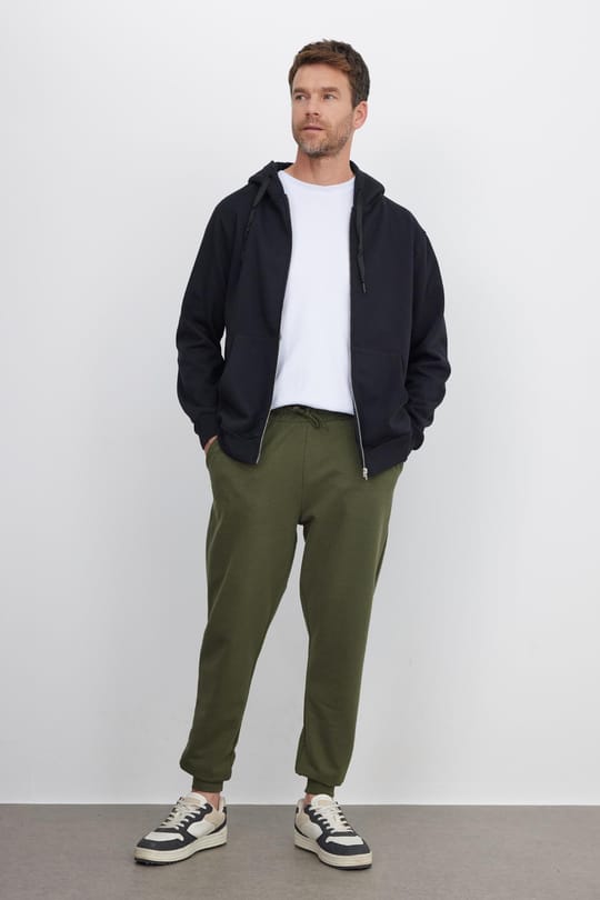 Erkek Regular Fit Klasik Kesim Beli Bağcıklı Jogger Cepli Lastikli Paça Haki Eşofman Altı