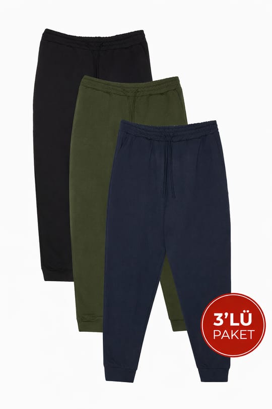 Erkek 3'lü Paket Siyah-Lacivert-Haki Regular Fit Beli Bağcıklı Jogger Cepli Lastikli Paça Eşofman Altı