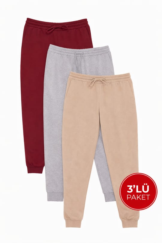 Erkek 3'lü Paket Bej-Gri-Bordo Regular Fit Beli Bağcıklı Jogger Cepli Lastikli Paça Eşofman Altı