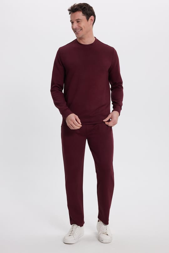 Erkek Slim Fit Dar Kesim Beli Bağcıklı 3 Cepli Geniş Paça Bordo Eşofman Altı