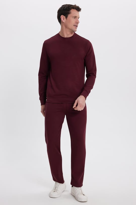 Erkek Slim Fit Dar Kesim Beli Bağcıklı 3 Cepli Geniş Paça Bordo Eşofman Altı