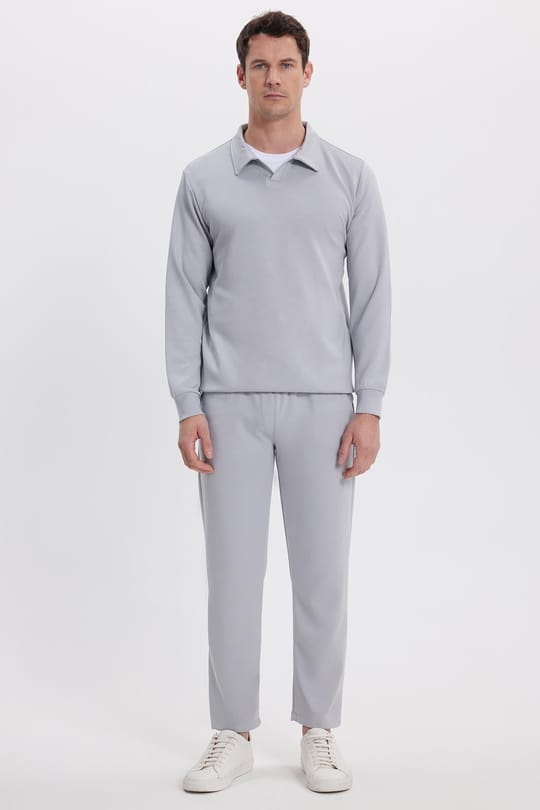 Erkek Slim Fit Dar Kesim Beli Bağcıklı 3 Cepli Geniş Paça Gri Eşofman Altı