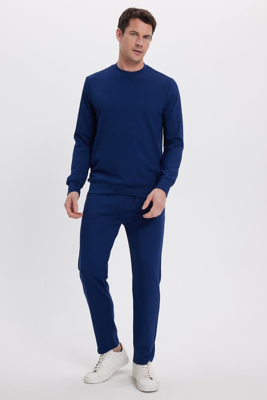 Erkek Slim Fit Dar Kesim Beli Bağcıklı 3 Cepli Geniş Paça Lacivert Eşofman Altı