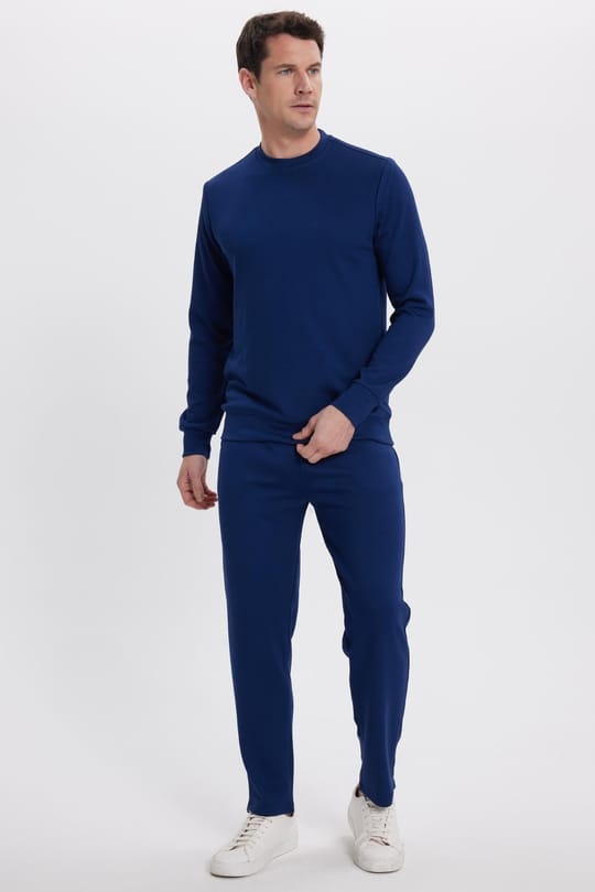 Erkek Slim Fit Dar Kesim Beli Bağcıklı 3 Cepli Geniş Paça Lacivert Eşofman Altı