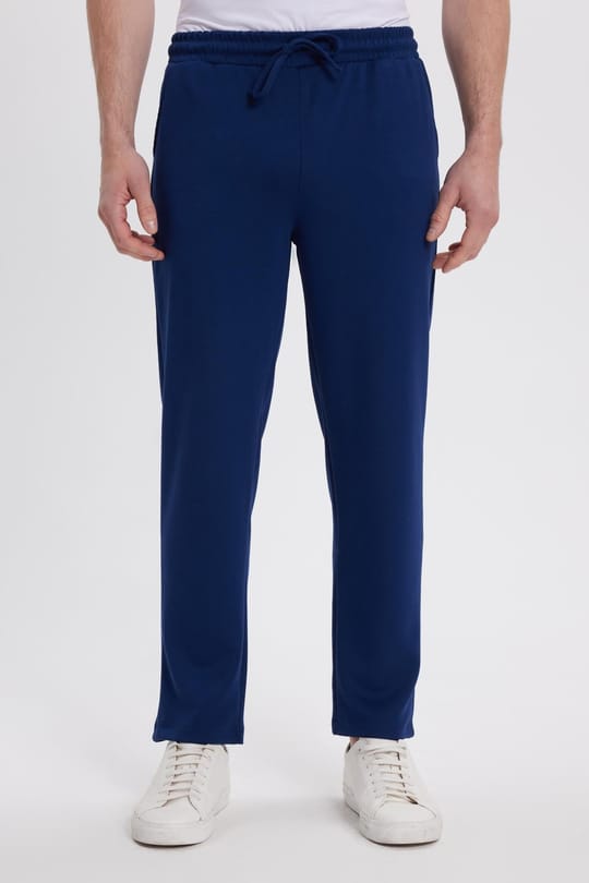 Erkek Slim Fit Dar Kesim Beli Bağcıklı 3 Cepli Geniş Paça Lacivert Eşofman Altı
