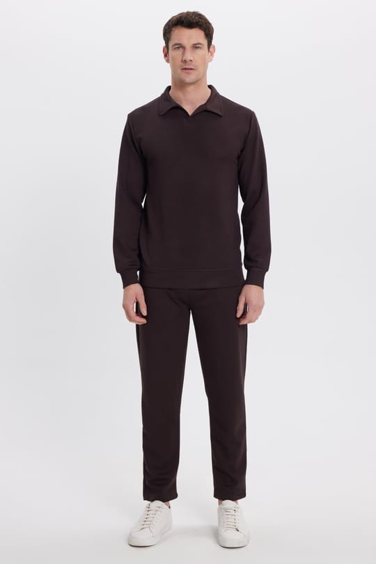 Erkek Slim Fit Dar Kesim Beli Bağcıklı 3 Cepli Geniş Paça Koyu Kahve Eşofman Altı