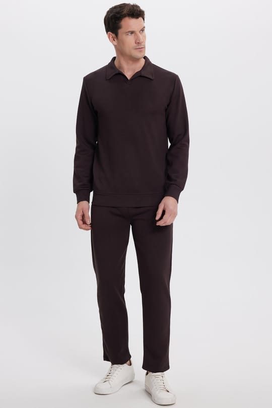 Erkek Slim Fit Dar Kesim Beli Bağcıklı 3 Cepli Geniş Paça Koyu Kahve Eşofman Altı