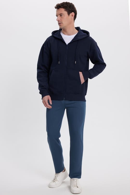 Erkek Slim Fit Dar Kesim Beli Bağcıklı 3 Cepli Geniş Paça Koyu Petrol Eşofman Altı