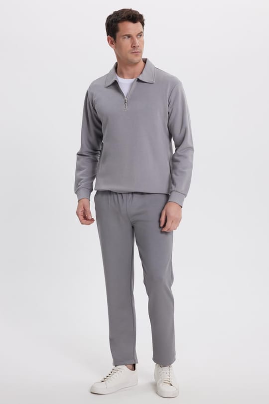 Erkek Slim Fit Dar Kesim Beli Bağcıklı 3 Cepli Geniş Paça Açık Füme Eşofman Altı