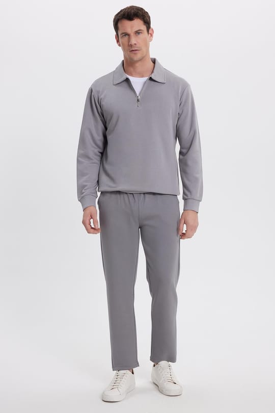 Erkek Slim Fit Dar Kesim Beli Bağcıklı 3 Cepli Geniş Paça Açık Füme Eşofman Altı