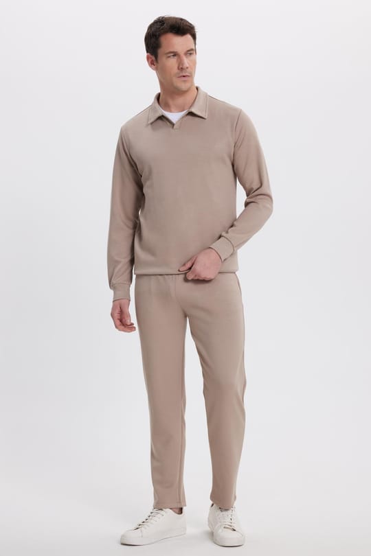 Erkek Slim Fit Dar Kesim Beli Bağcıklı 3 Cepli Geniş Paça Koyu Vizon Eşofman Altı