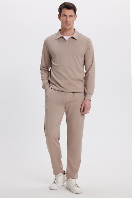 Erkek Slim Fit Dar Kesim Beli Bağcıklı 3 Cepli Geniş Paça Koyu Vizon Eşofman Altı