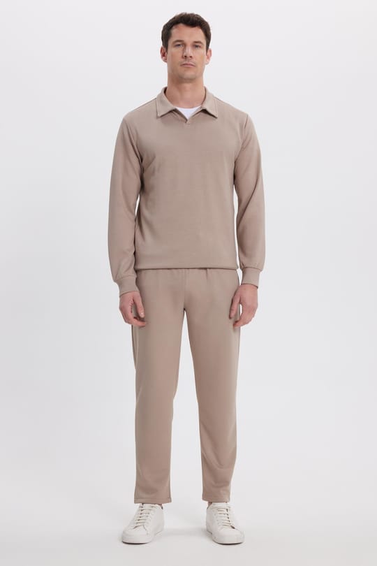 Erkek Slim Fit Dar Kesim Beli Bağcıklı 3 Cepli Geniş Paça Koyu Vizon Eşofman Altı