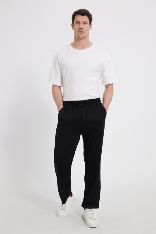 Erkek Siyah Baggy Fit Rahat Kesim Modal Kumaş Soft Doku Beli Bağcıklı Yan Cepli Eşofman Altı