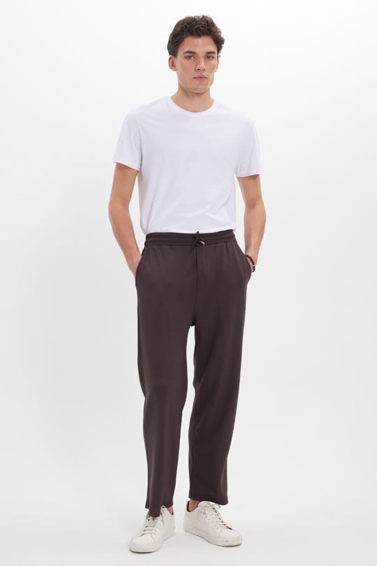 Erkek Kahverengi Baggy Fit Rahat Kesim Modal Kumaş Soft Doku Beli Bağcıklı Yan Cepli Eşofman Altı