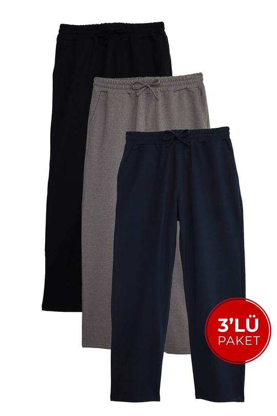 Erkek 3lü Paket Siyah-Lacivert-Gri Pamuklu Baggy Fit Beli Bağcıklı Yan Cepli Örme Eşofman Altı