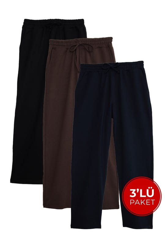 Erkek 3lü Paket Siyah-Lacivert-Kahverengi Pamuklu Baggy Fit Beli Bağcıklı Cepli Örme Eşofman Altı