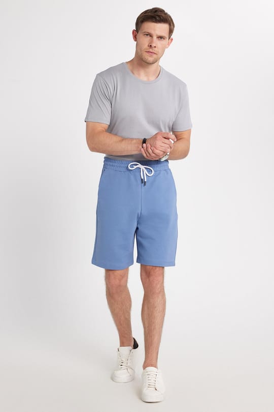 Erkek Relax Fit Rahat Kesim %100 Pamuk Beli Bağcıklı Mavi Şort