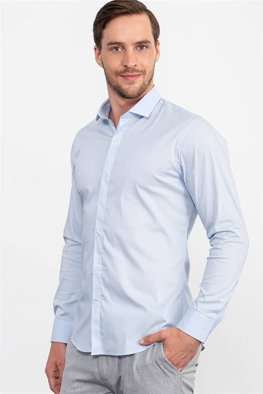 Süper Slim Fit Uzun Kollu Pamuklu Likralı Erkek Mavi Gömlek
