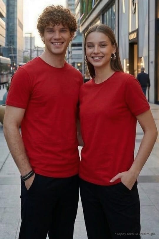 Unisex Slim Fit Dar Kesim %100 Pamuk Yumuşak Dokulu Kırmızı Bisiklet Yaka Tişört