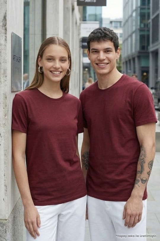 Unisex Slim Fit Dar Kesim %100 Pamuk Yumuşak Dokulu Bordo Bisiklet Yaka Tişört
