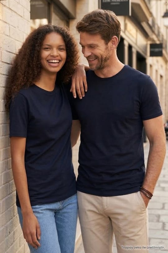 Unisex Slim Fit Dar Kesim %100 Pamuk Yumuşak Dokulu Lacivert Bisiklet Yaka Tişört