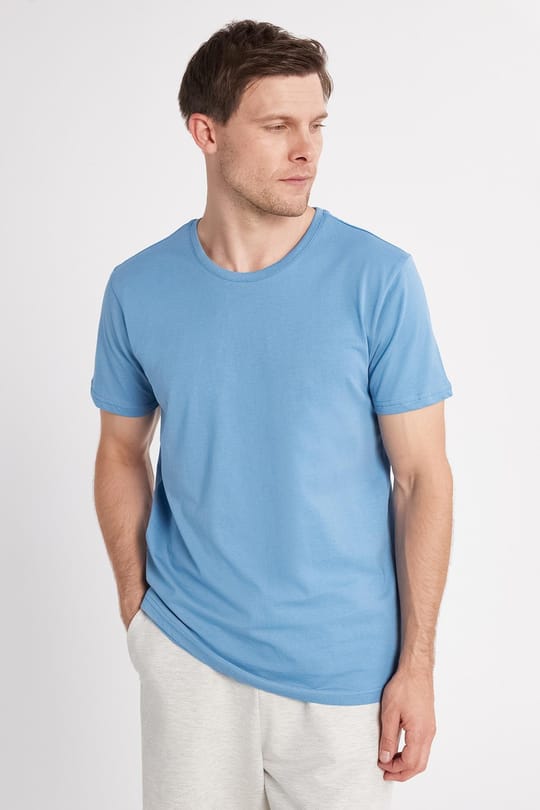 Unisex Slim Fit Dar Kesim %100 Pamuk Yumuşak Dokulu Mavi Bisiklet Yaka Tişört